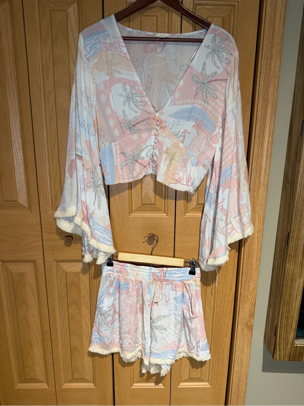 Women’s Pastel Beach Palm Tree Print Boho Lounge Set - Pink & Blue